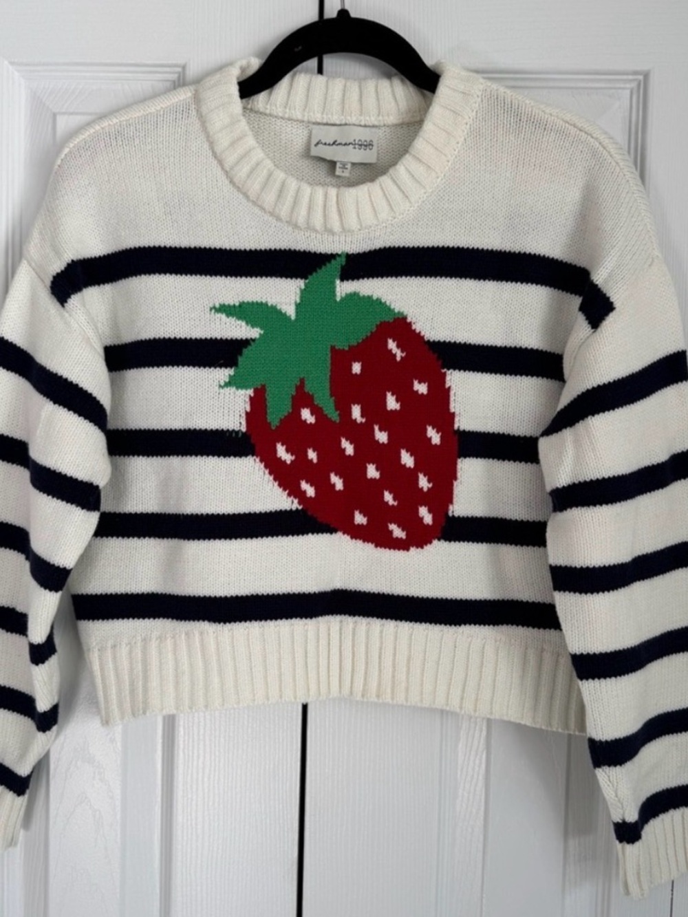 Striped Navy and Cream Sweater with Strawberry Design